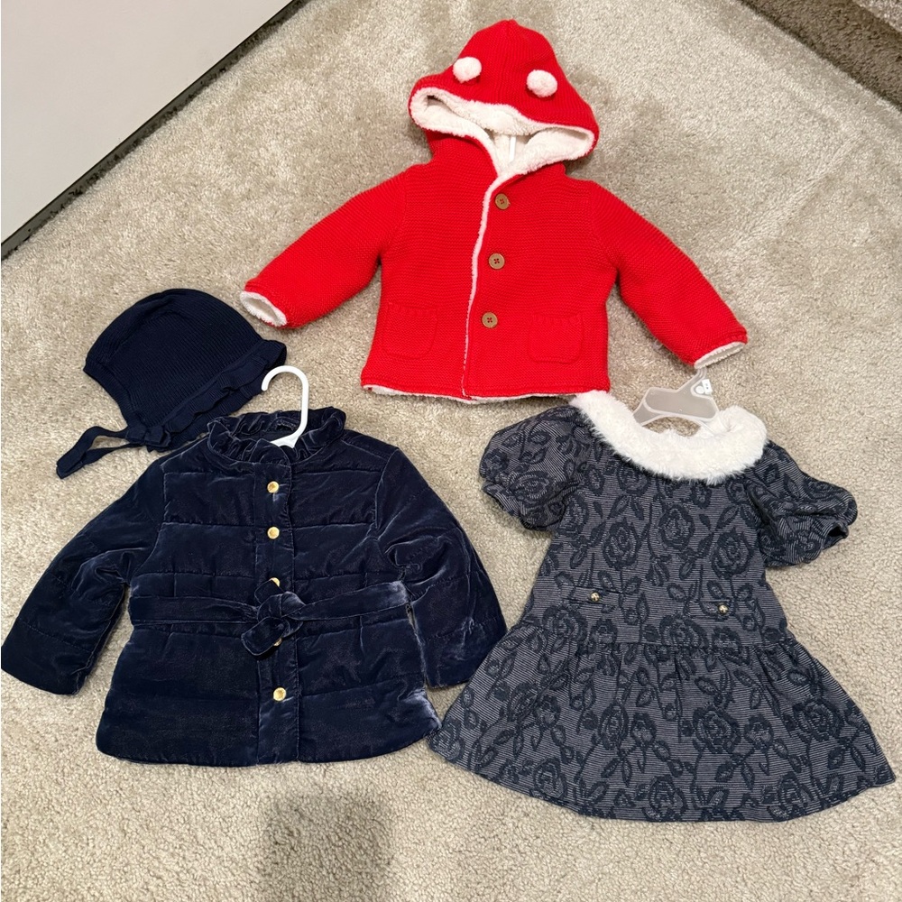 Janie and Jack Navy Velvet Baby Jacket, Bonnet, and Dress Bundle